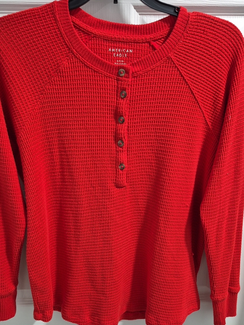 American Eagle Outfitters Women's Red Waffle Henley Sweater